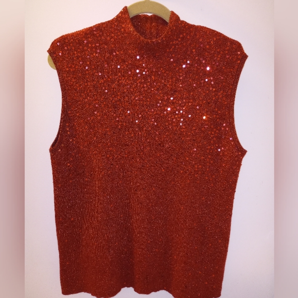 Sleeveless, mock neck sweater - Stretchy knit with sequins - Wine Red - Like New